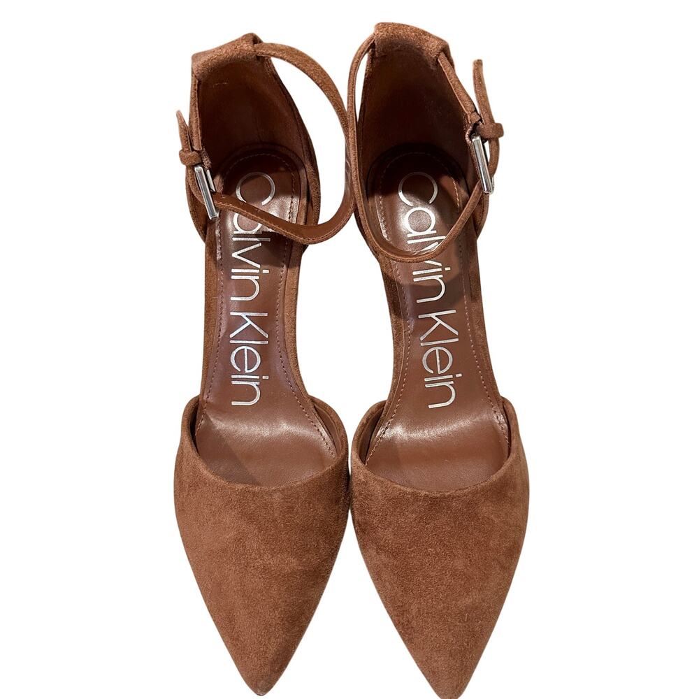 Calvin Klein Stiletto Heel, Pointed Toe, Adjustable Ankle Strap, Brown Sued, 8